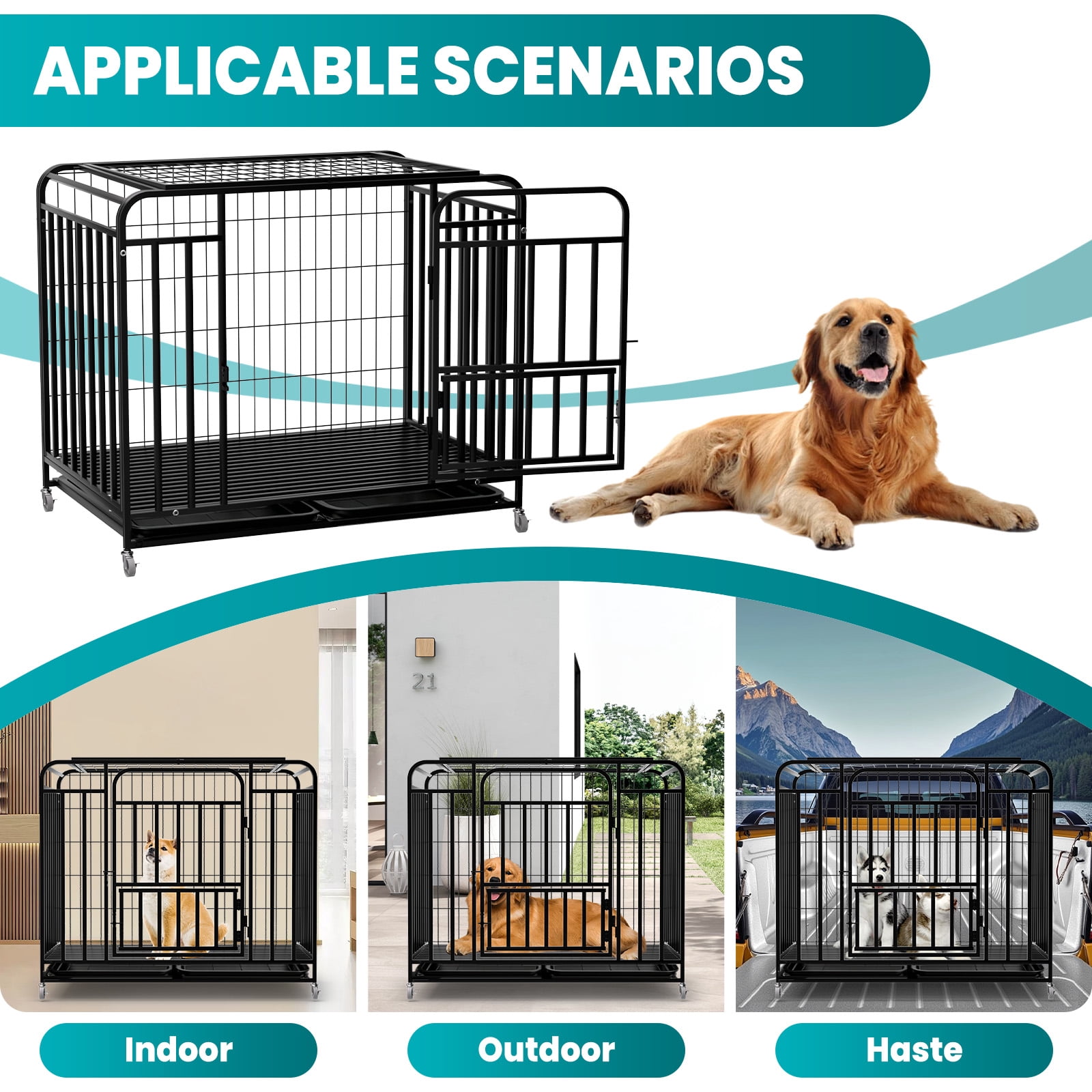 Heavy Duty 42 Inch Dog Crate Cage, Easy to Clean, Dog Kennel with 4 Lockable Wheels, Dog Crates for Indoor Outdoor Pet Housing