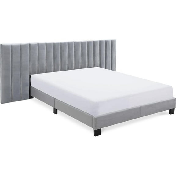 Pemberly Row Gramercy Channel Tufted Upholstered Bed Queen Size Grey Velvet