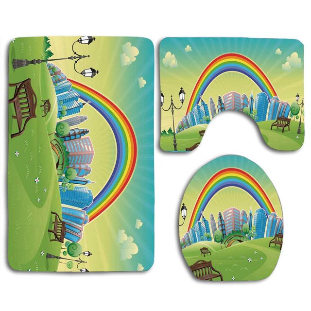 ABPHQTO Dibujos animados para niños Nursery Park Bench Hills Apartments Rainbow Beams Flowers Art Juego de alfombras de baño de 3 piezas Alfombra de baño Alfombra de contorno y tapa de inodoro