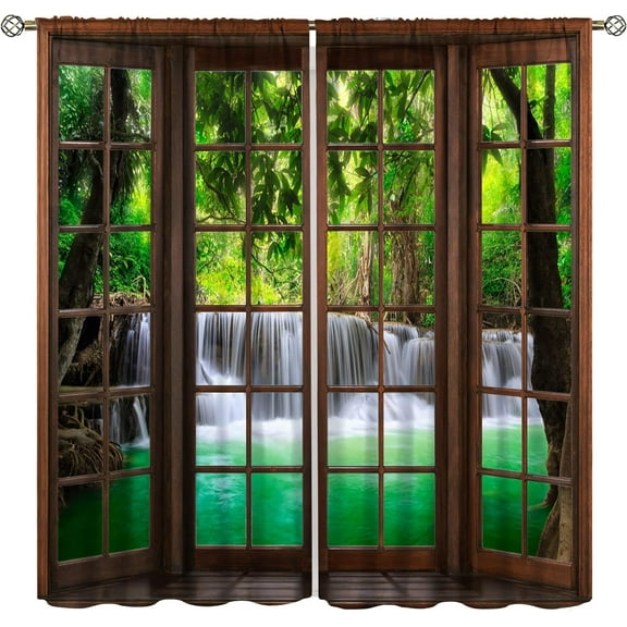 Natural Landscape Window Curtains, Spring Forest Waterfall Nature Scenery Print Bedroom Living Room Kitchen Window Treatments Drapes 53"W x 84"L (Pack of 2)