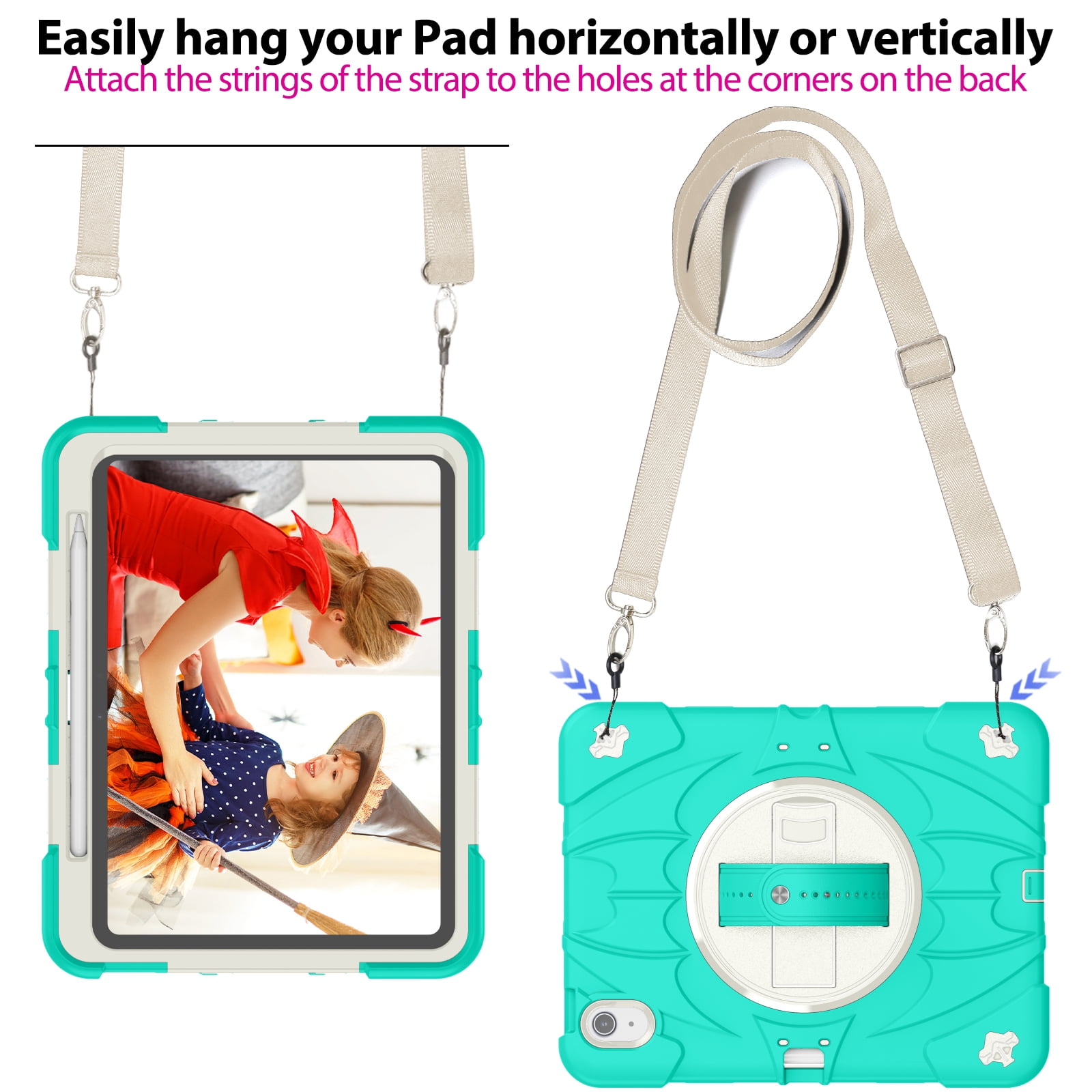 ELEHOLD Case for Apple iPad Air 11 (2024), Heavy Duty Shockproof Case with Pencil Holder/Stand/Hand Strap/Shoulder Belt, Rugged Protective Cover for Boys Girls,Mint