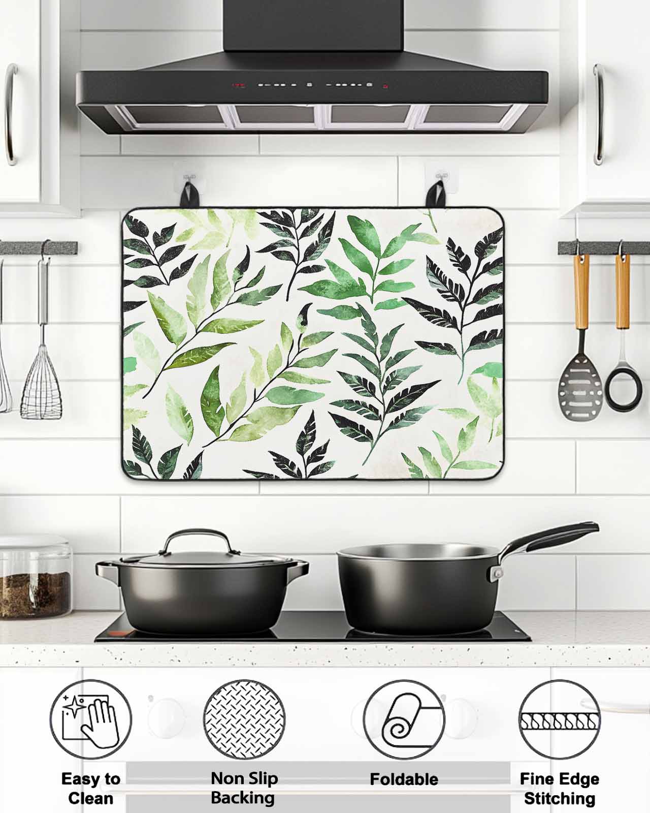 Watercolors Black Green Leaf Stove Top Covers for Electric Stove, 28'x20'' Plant Glass Ceramic Stove Cover Foldable Rubber Mat Heat Resistant Cooktop Protector for Kitchen