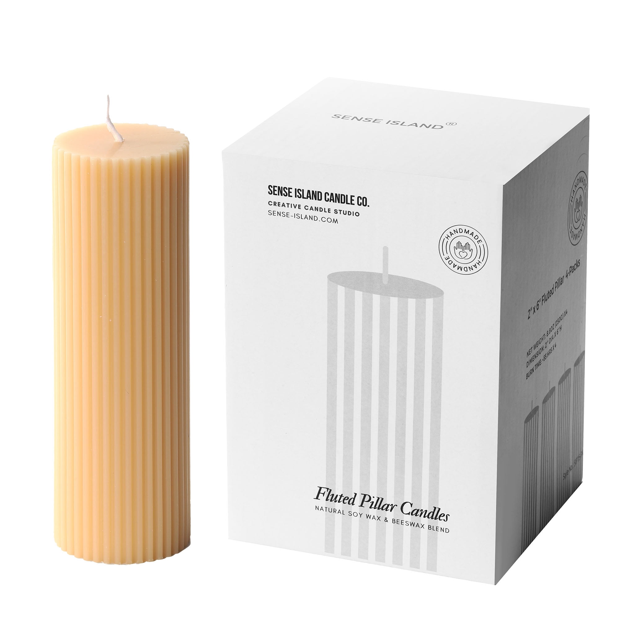 Pillar Candles 2x6'' Fluted Ribbed Column Modern Home Décor Soy Wax Handmade (4 Packs, Buff Yellow)