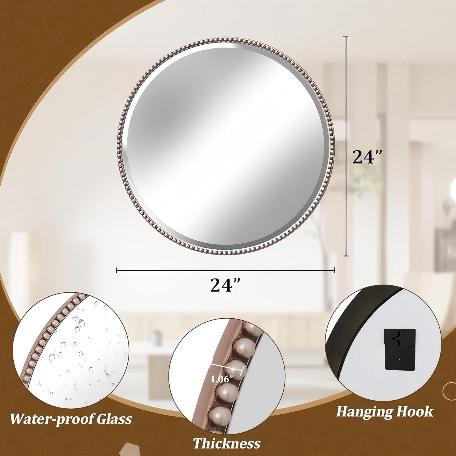 Mirrasia 24" Round Wall Mirror Decoration Hanging Mirror With Beaded Frame,Silver
