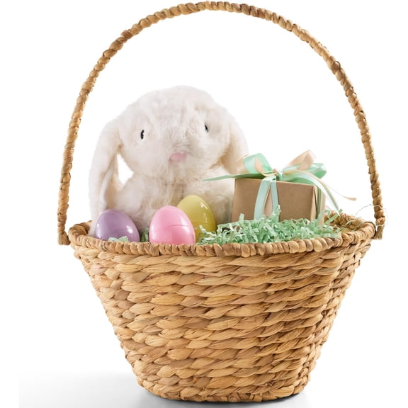 Themis Handwoven Easter Basket, Small Woven Easter Basket for Kids, Easter Egg Hunt Basket w/Collapsible Handle, Tapered Shape, Water Hyacinth - Natural