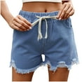 thumbnail image 1 of JWZUY Women Mid Rise Ripped Stretchy Jeans Shorts Frayed Raw Hem Casual Drawstring Denim Shorts 2-Blue Small, 1 of 8
