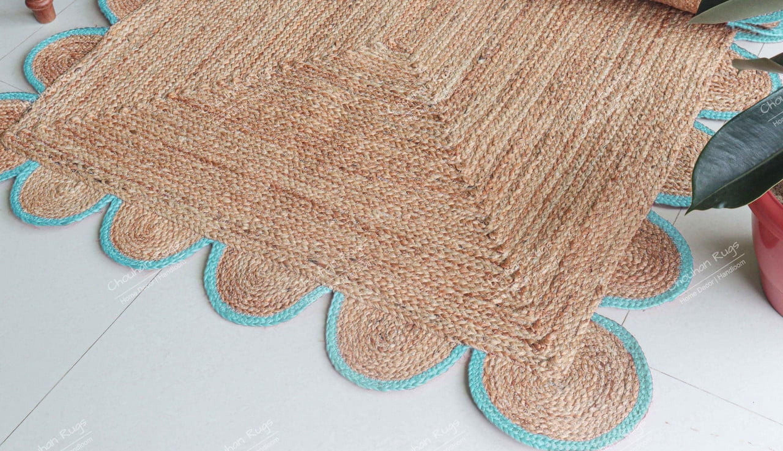 Chouhan Rugs Natural Jute Turquoise Scalloped Rug Bohemian Rug Decor Rug Handwoven Rug Custom Rug Decorative Rug