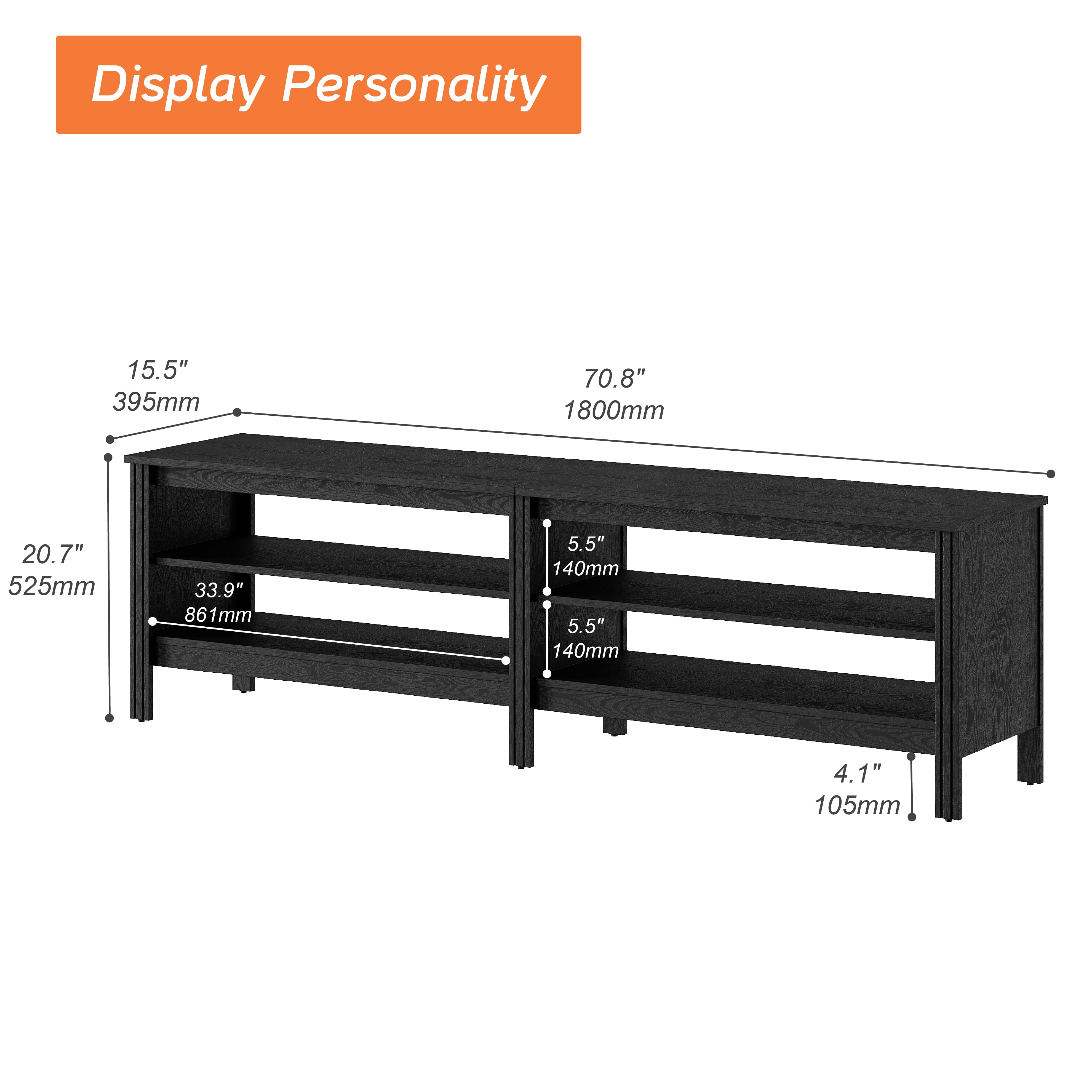 Fitueyes black TV Stand for 75 Inch TV Entertainment Center, Wood TV Table with 2 Open Shelves for Living Room, 70 inch