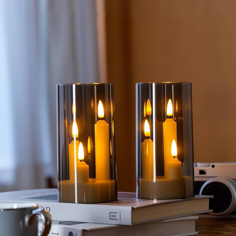 Hausware 3-in-1 Flameless LED Taper Candles with Remote – Battery Operated, Realistic & Portable Candles Set,3-Pack,Durable Indoor/Outdoor Decor (Gray)
