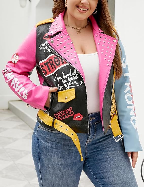 Giolshon Women's Plus Size Faux Leather Jacket Graffiti Studded Rivet Punk Floral Moto Biker Coat