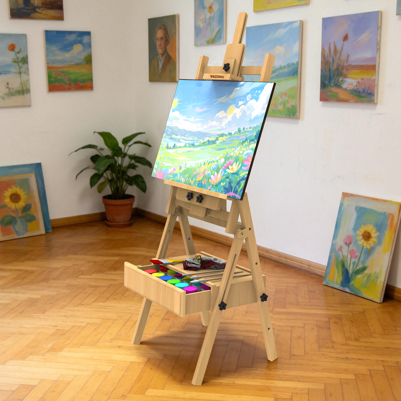 Yacona Easel for Painting, Solid Beech Wood Art Easel for Adults, Adjustable Painting Stand with Drawer, Holds up to 48"