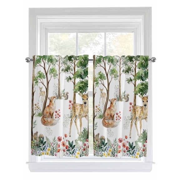 Spring Forest Animals Bathroom Window Curtain, Floral Botanical Trees Light Filtering Coffee Kitchen Curtains, Bedroom Living Room Curtains 2 Panel 84"x54"