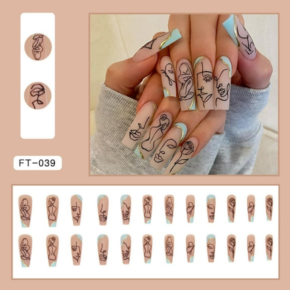 Fake Nails Medium Length Press Abstract Cute Coffin False Nails with Glue, Stick on Nails Art Manicure Decoration, Glossy Nude Acrylic Nails for Women and Girls 24Pcs(FT-039)