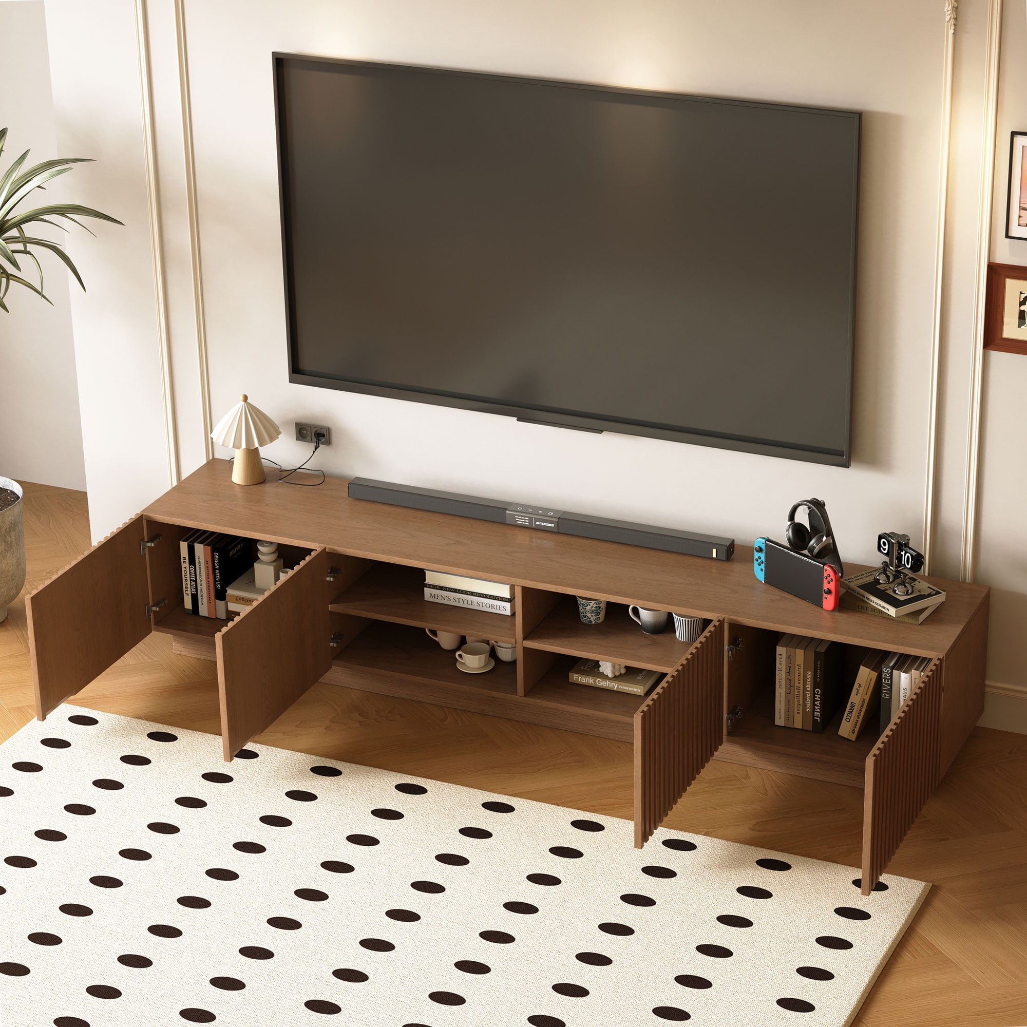 NessCarsti 86.61" Mid-Century Modern TV Stand for TVs up to 85", Sturdy Living Room Furniture Media Console with Large Storage Space, Entertainment Center for Living Room and Bedroom, Walnut