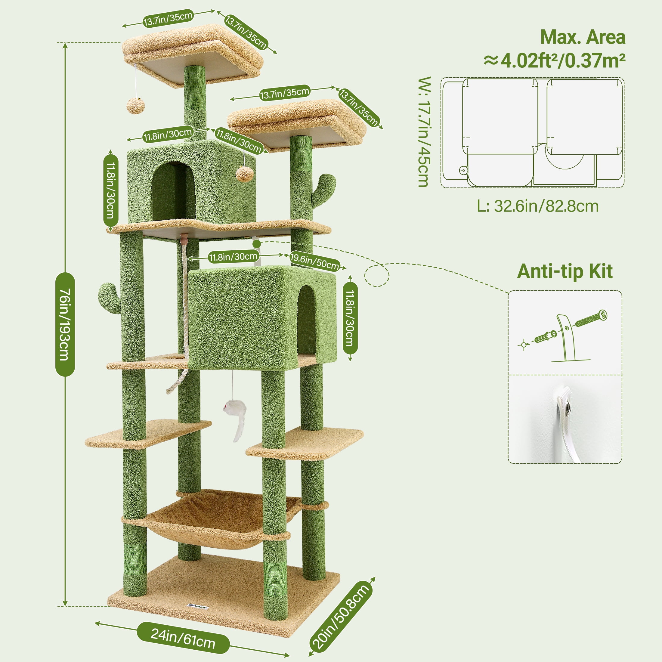 CT77F Cactus Cat Tree Tower | 76" Extra Tall Multi-Level Cat Castle with Cozy Condos, Perches, and Interactive Toys for Large Cats | Ideal for Climbing and Scratching