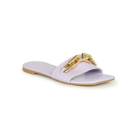 

Women s Square Toe Gold Tone Chain Cushioned Slide On Flat Slide Sandal by Mixx Shuz