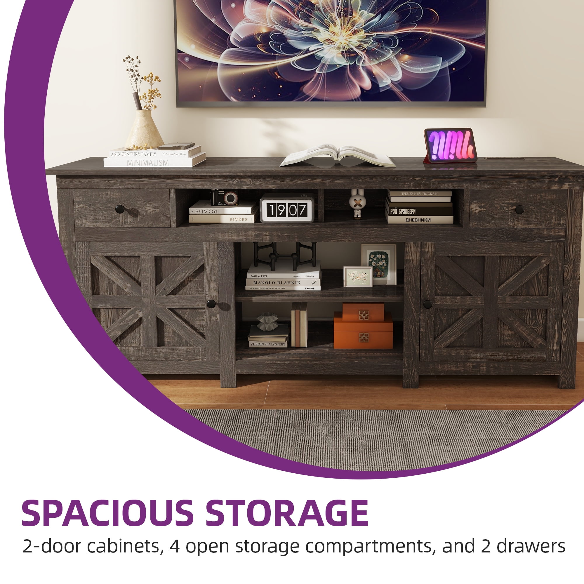 Uforic 70'' Farmhouse TV Stand, Entertainment Center with 2 Shelves, Suitable for TVs up to 80'',Oak