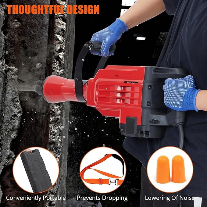 3600W Demolition Jack Hammer Metal Concrete Breaker Jack Hammer Electric Tool Kit, 2pcs Piece Bit Set W/Case, Noise-Canceling Earplug, Shoulder Strap