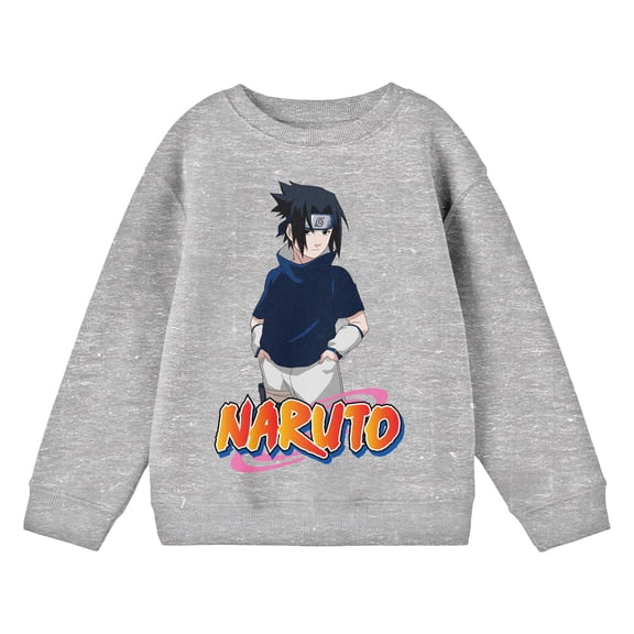 Naruto Classic Sasuke Posing Crew Neck Long Sleeve Athletic Heather Youth Shirt-Medium