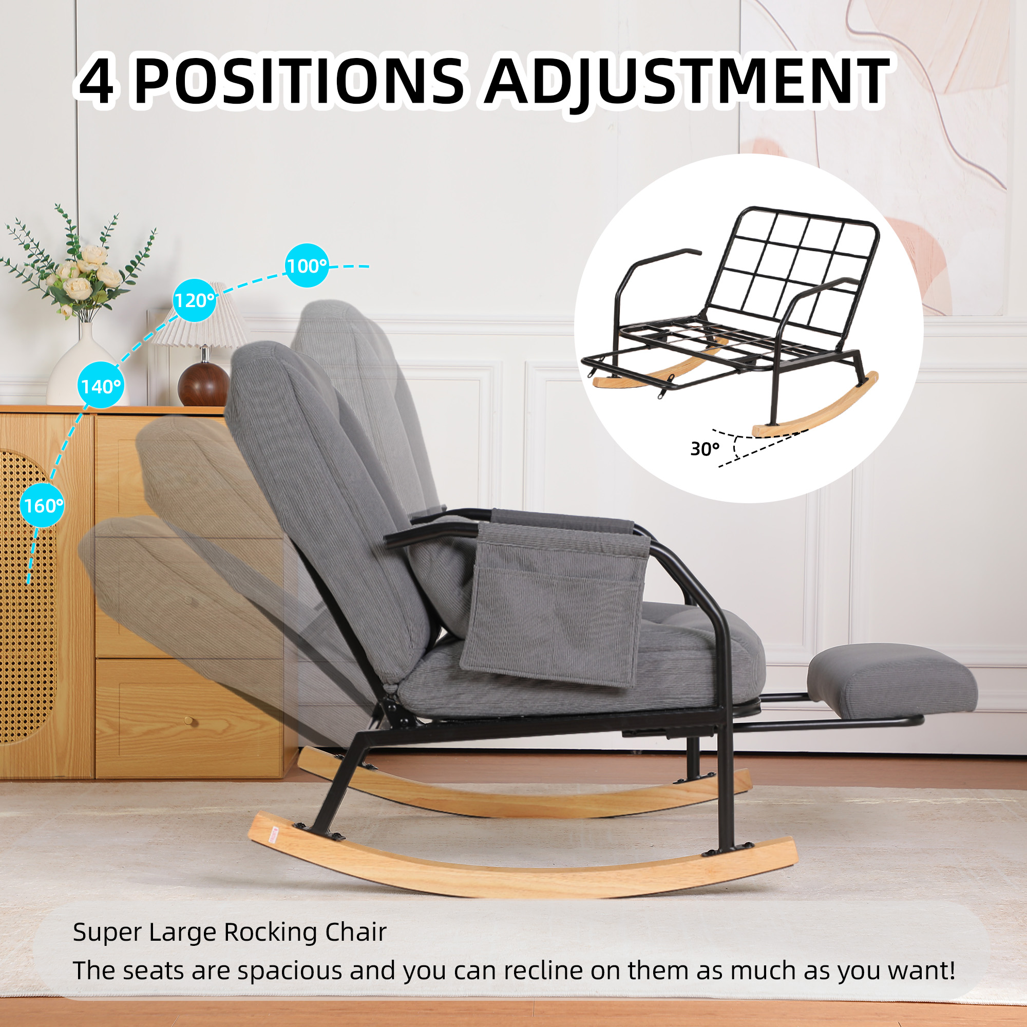 Hforesty Oversized Rocking Chair with Footrest ,Rocker Glider with Metal Farm,Wooden Bottom and Adjustable Backrest for Indoor Use: Balcony, Living Room or Bedroom.(corduroy)GREY