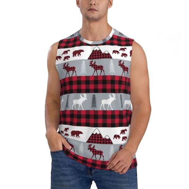 Fotbe Buffalo Plaid Forest Men's Camiseta sin Mangas Estampada para Hombres, Playera Casual para Gimnasio, Entrenamiento, Playa-Small
