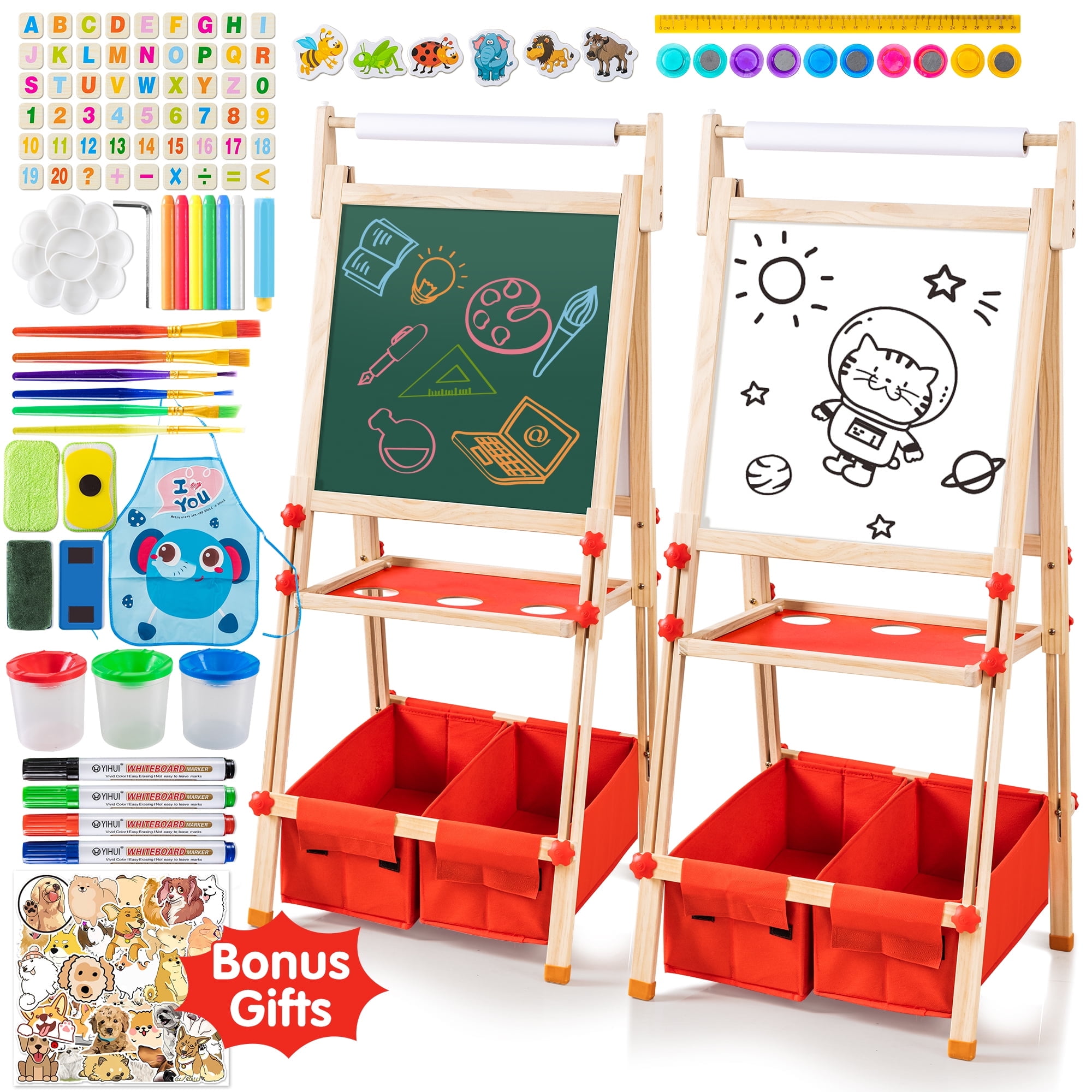 COSTWAY Kinderbord, dubbelzijdig kinderbord, in hoogte verstelbaar, met whiteboard en krijtbord, standbord voor kinderen, magneetbord vanaf 2 jaar, groen blauw