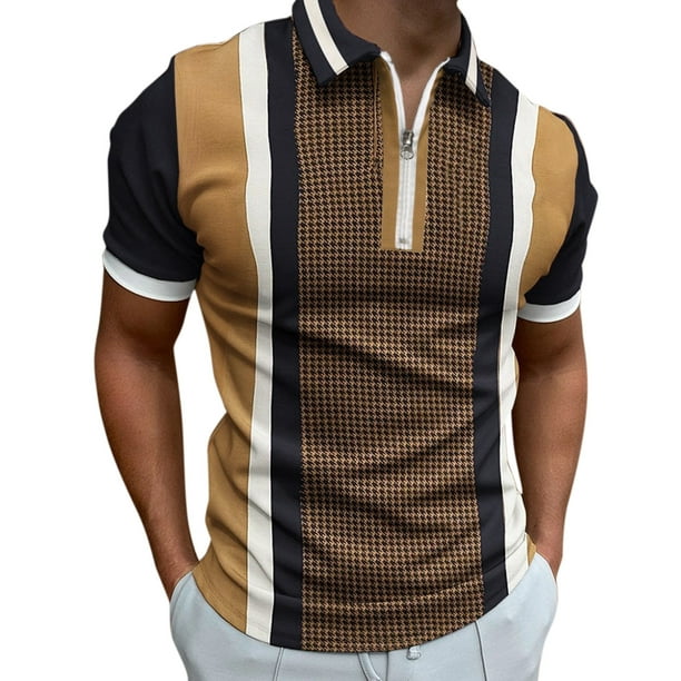 WZHKSN Men Polo Shirt Summer Casual Stripeprint Turn Down Collar Short ...