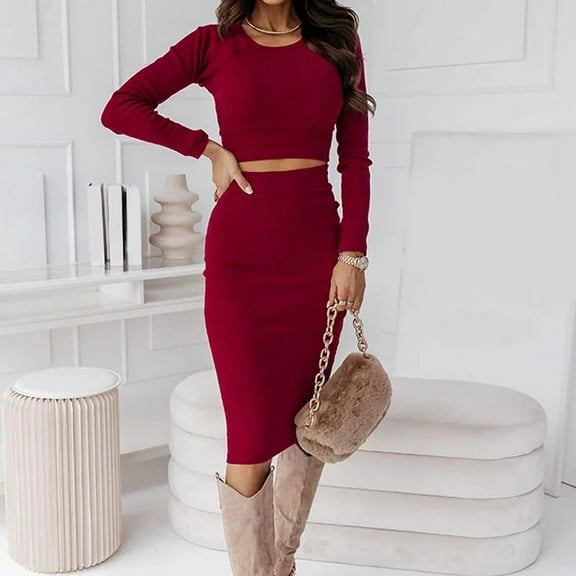 Wycnly Womens Skirts Set Party Prom Formal Bodycon Wrap Hip Skirt and Long Sleeve Cropped Tops Set Winter Cozy Knitted 2 Piece Outfits