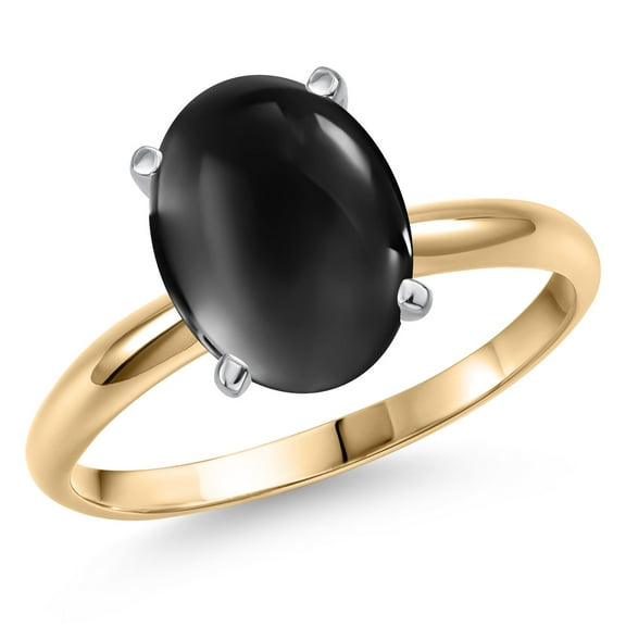 Gem Stone King 14K Two Tone Gold Black Onyx Engagement Ring for Women | 2.60 Cttw | Oval Cabochon 10X8MM | Gemstone December Birthstone | Size 6