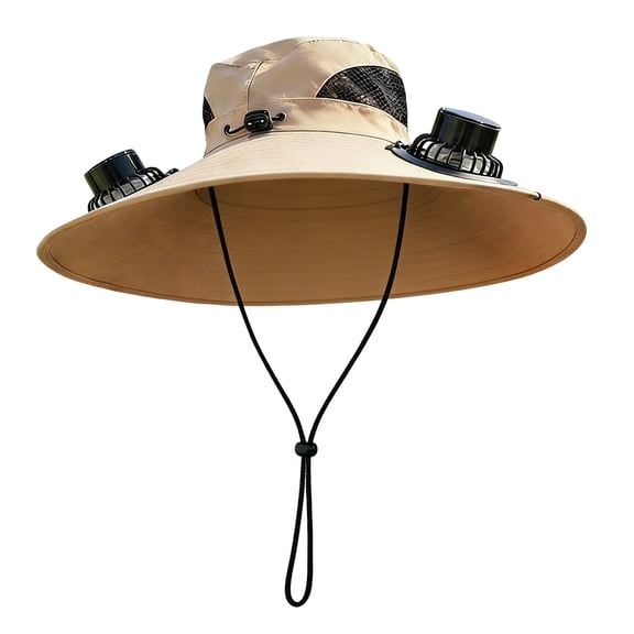 BingTong Solar Fan Hat – Wide-Brimmed Breathable Sun Protection Cap with USB Rechargeable Fan, for Fishing Hiking Outdoor (Khaki)