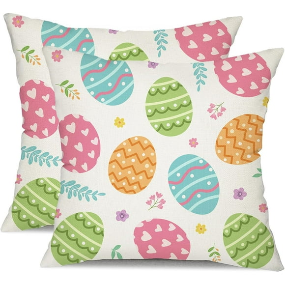Housses de Coussin de Pâques 16x16 Ensemble de 2 Décor Œuf Coloré Printemps Ferme Coussins Décor Salon Canapé 83A