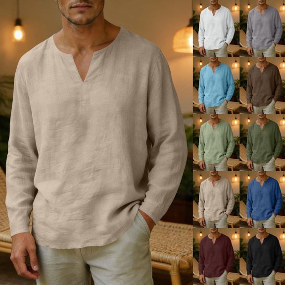 VeFlora Men's Linen Shirt, Long-Sleeve, V-Neck, Button-Down Linen Shirt, Men's Summer Shirt, Lightweight, Casual Shirt, Men's Shirts, Beach Shirt(Beige/L)
