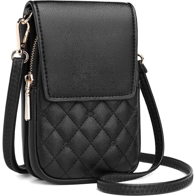 Bolso bandolera pequeño para móvil, funda de piel bordada con cartera para colgar, bandolera, tarjetero, correa ajustable y extraíble, para móviles de menos de 6,7 pulgadas, negro, 19 x 5 x 12,5 cm,