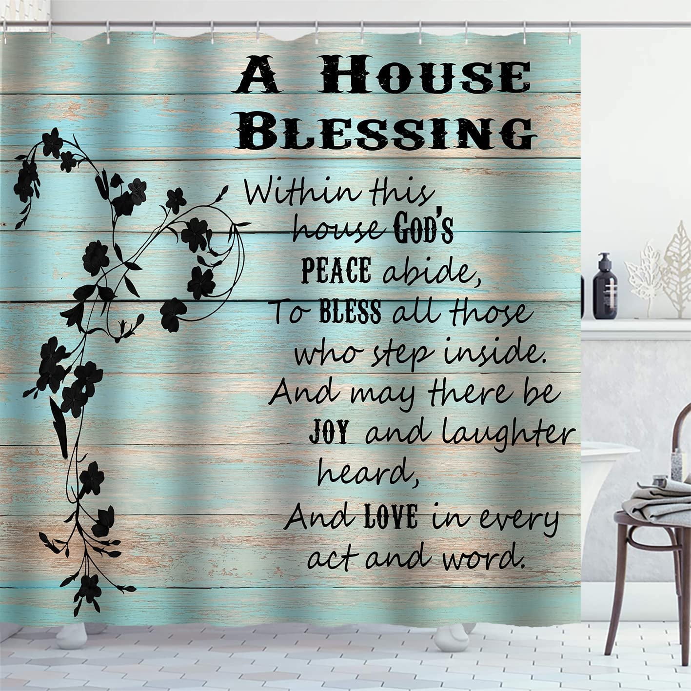 Inspirational Quotes Shower Curtain, Mint Green Country Wood Planks Black Flower Rustic Farmhouse Bathroom Decor, Waterproof Polyester Fabric Shower Curtain, 72x72 Inch, A House Blessing