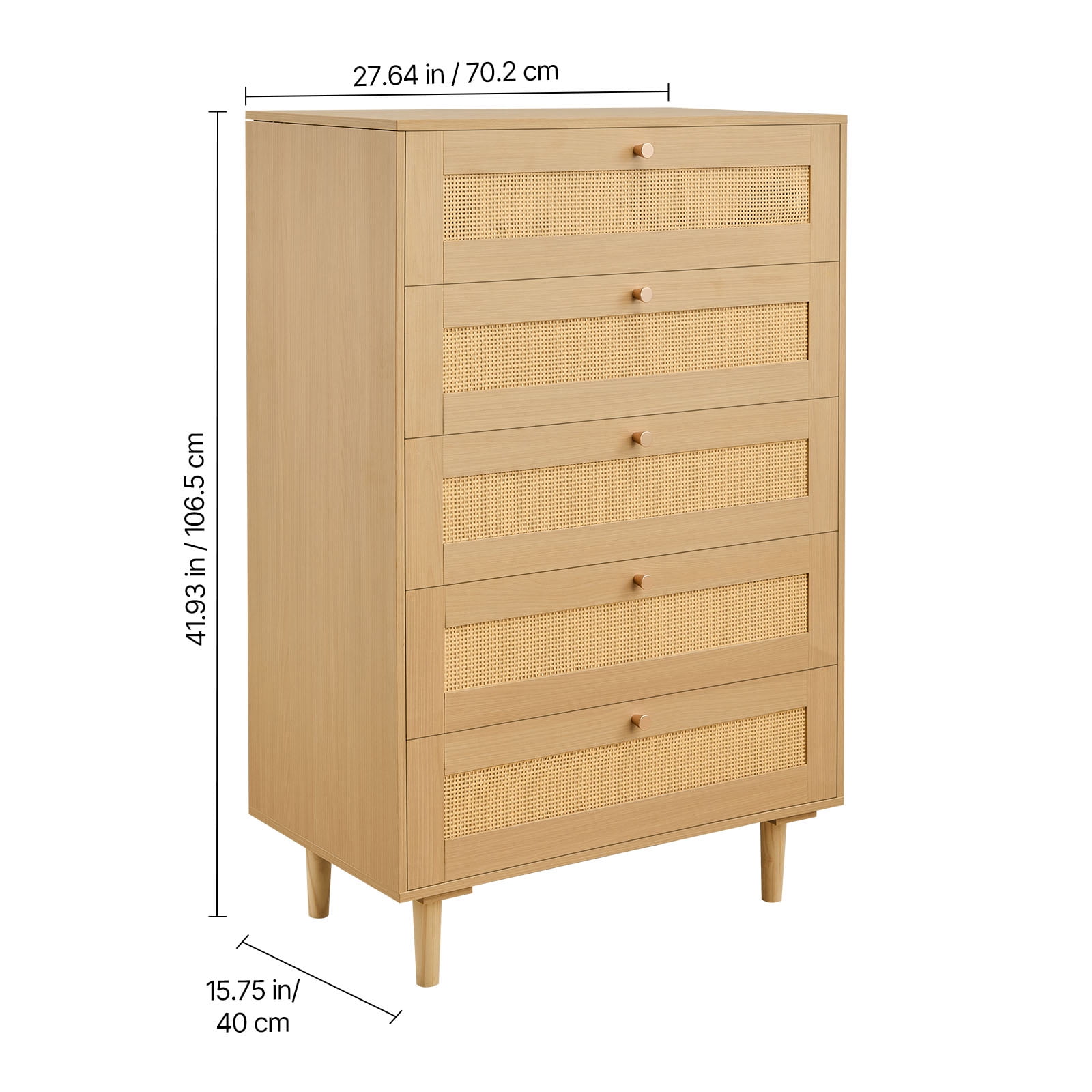 KFFKFF 5-Drawer Rattan Dresser with Metal Handles and Wooden Legs, Modern Storage Organizer for Bedroom, Living Room, or Hallway
