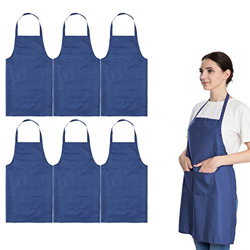 LOYHUANG Total 6PCS Blue Bib Apron Adult with 2 Pockets for Women Men Chef Cooking Kitchen (6, Deep Blue)