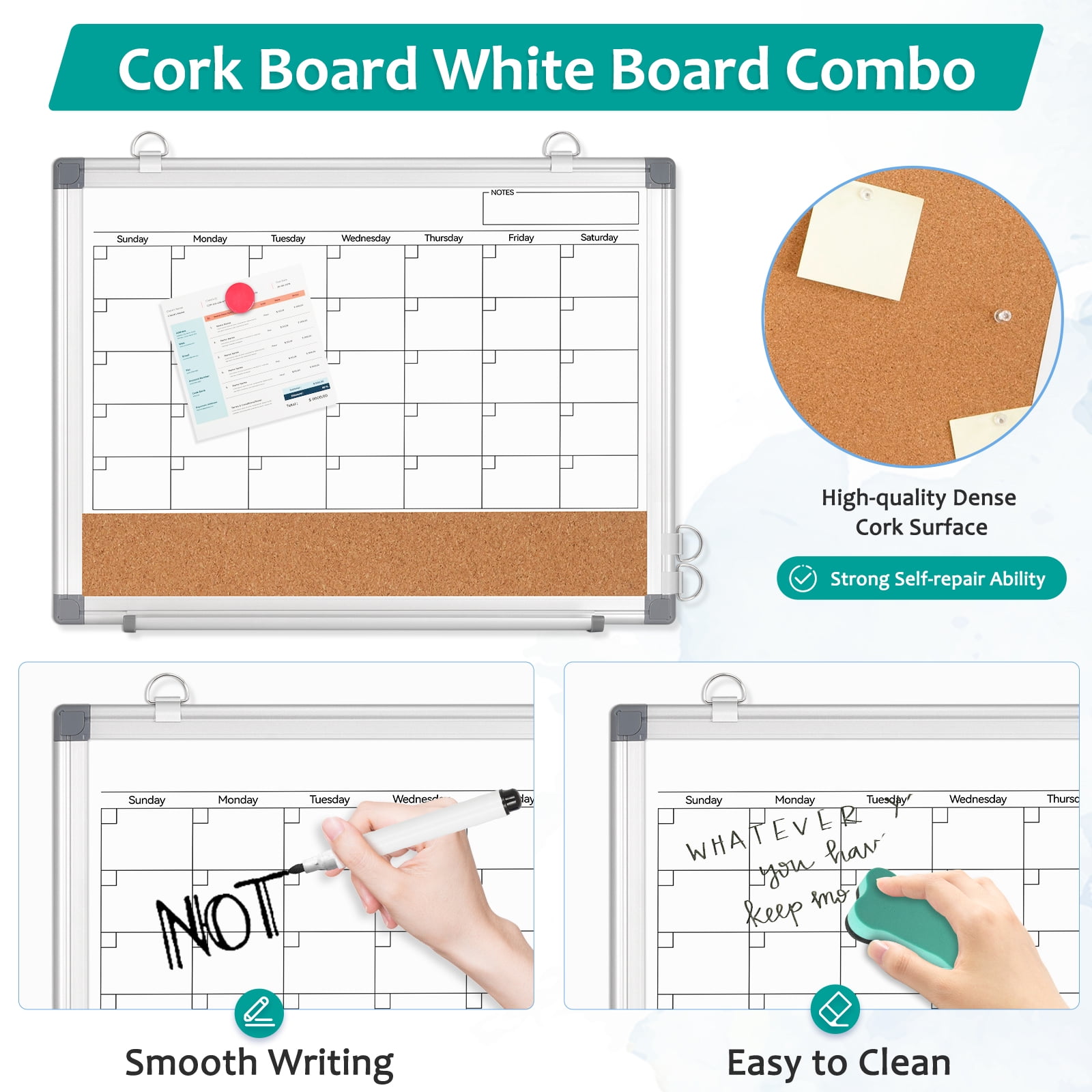 DOLLAR BOSS Monthly Calendar Whiteboard 16" x 12" Magnetic Dry Erase Board Combination Board Cork Board for Wall, Double-Sided White Board, Portable Board with Markers Magnets Eraser, White Frame