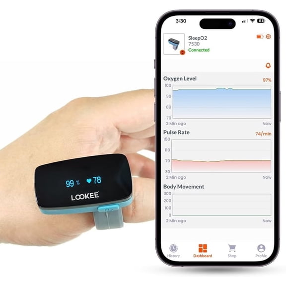 LOOKEE Ring Continuous Pulse Oximeter with Vibration Reminder for Low SpO2 & PR - Enjoy Free APP Reports