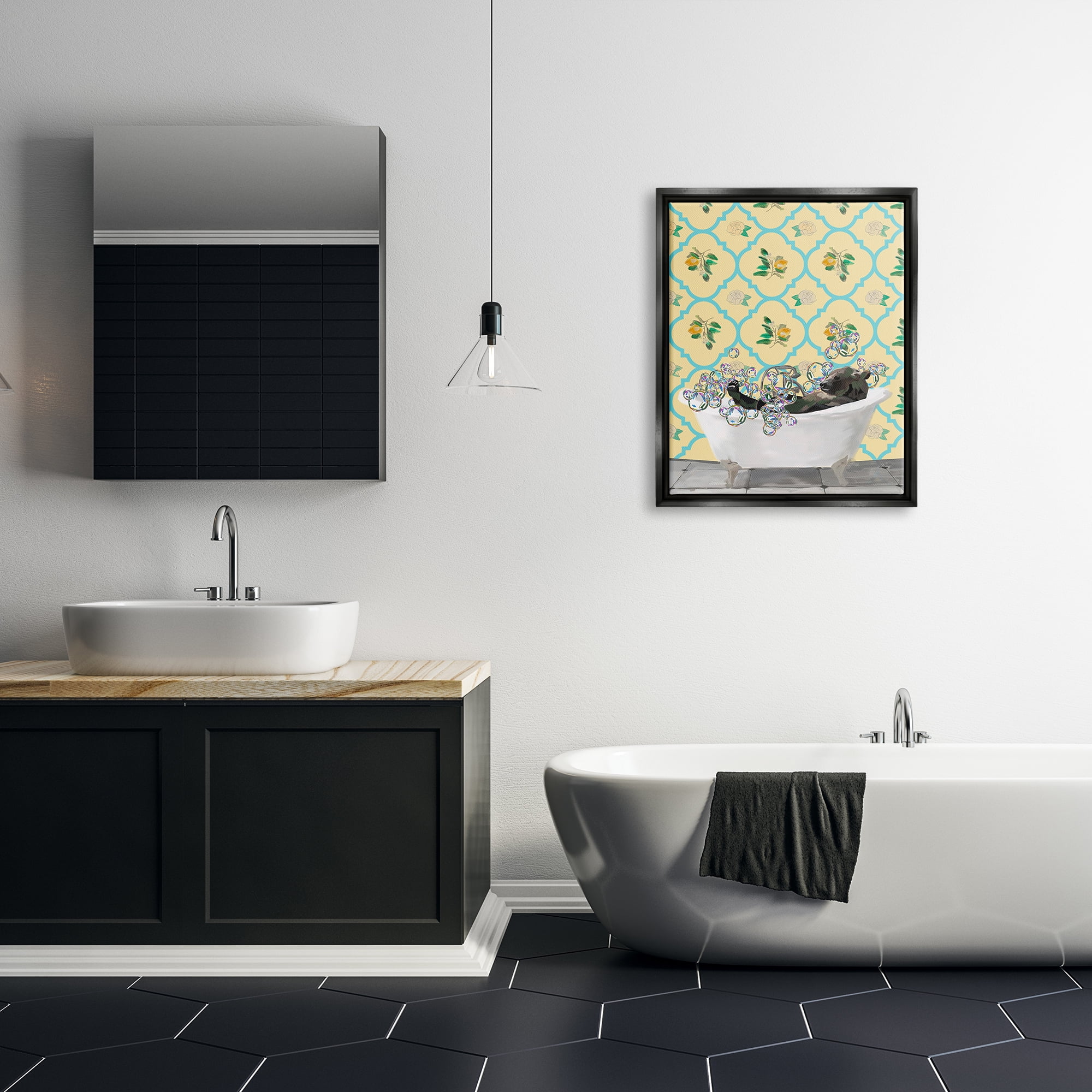 Stupell Industries Bear in Patterned Bathroom Animals & Insects Painting Black Floater Framed Art Print Wall Art, 25 x 31