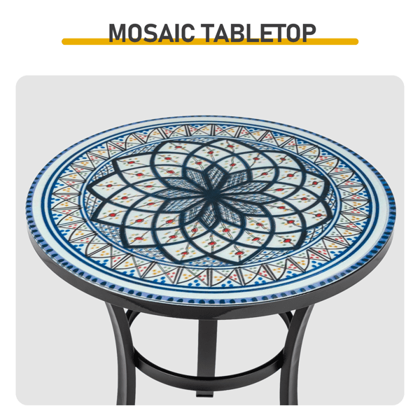 19.5 inch Side Table, Round Iron Top with Tripod Legs, Indoor Outdoor Accent End Table, Blue & White Mandala Mosaic