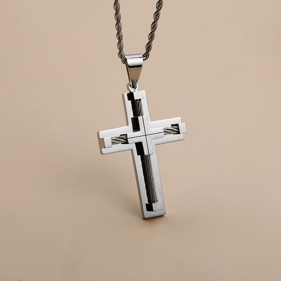 Tilga Men's Cross Necklace 316L Stainless Steel Large Jesus Christ Pendant Jewelry Rolo Chain for 24″