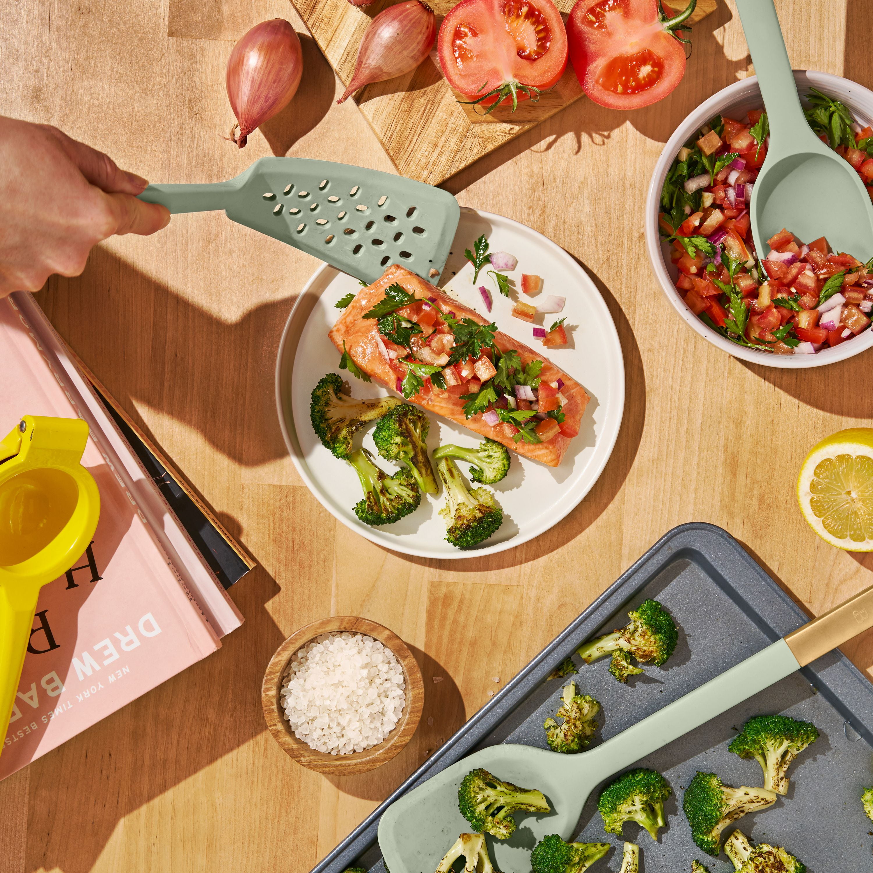 Beautiful 3-Piece Silicone Kitchen Utensil Tool Set, Sage Green by Drew Barrymore