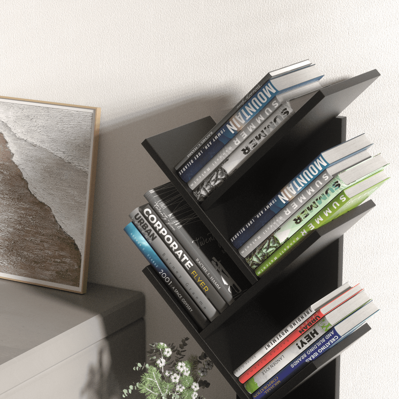 Modern Tree Bookshelf, 5-Tier LELELINKY Bookcase, Vertical Storage Shelf for Books & Décor, Space-Saving Design, Black