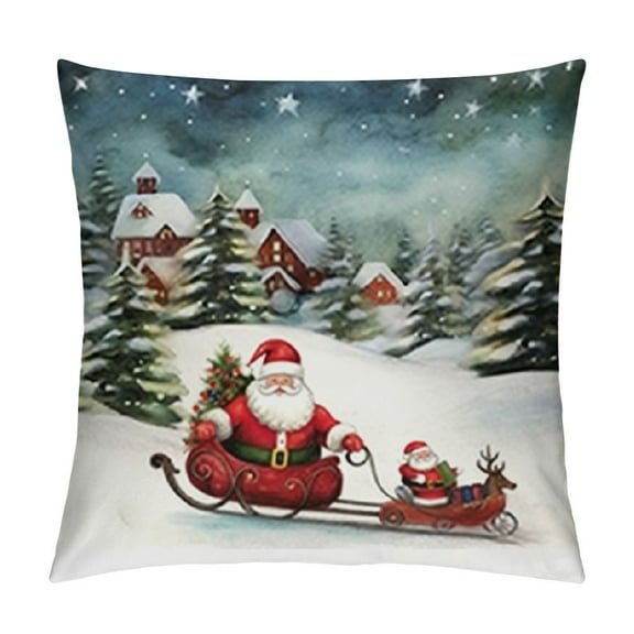 Fenyluxe Santa Clause Sleigh Christmas Tree Pillow Cushion Covers Square Winter Pillowcase 1PC 12x12in