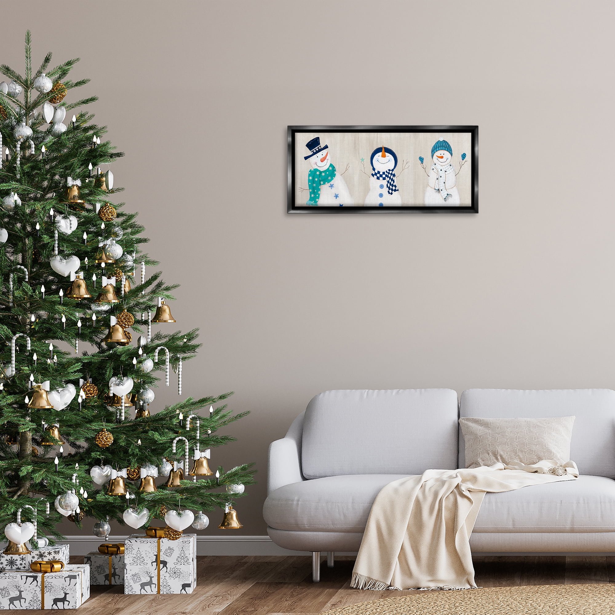 Stupell Industries Happy Snowman Trio Holiday Painting Black Floater Framed Canvas Art Prints Wall Art, 31 x 14