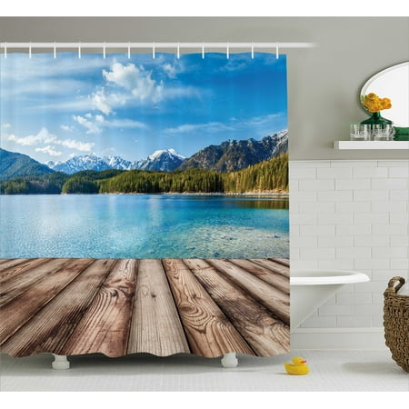Scenery Decor Shower Curtain, Snowy Mountain Tops from Old Wood Deck Pier by Sea Idyllic Calm Coastal Charm, Fabric Bathroom Set with Hooks, 69W X 84L Inches Extra Long, Blue Brown, by (Best Way To Remove Old Paint From Wood Deck)