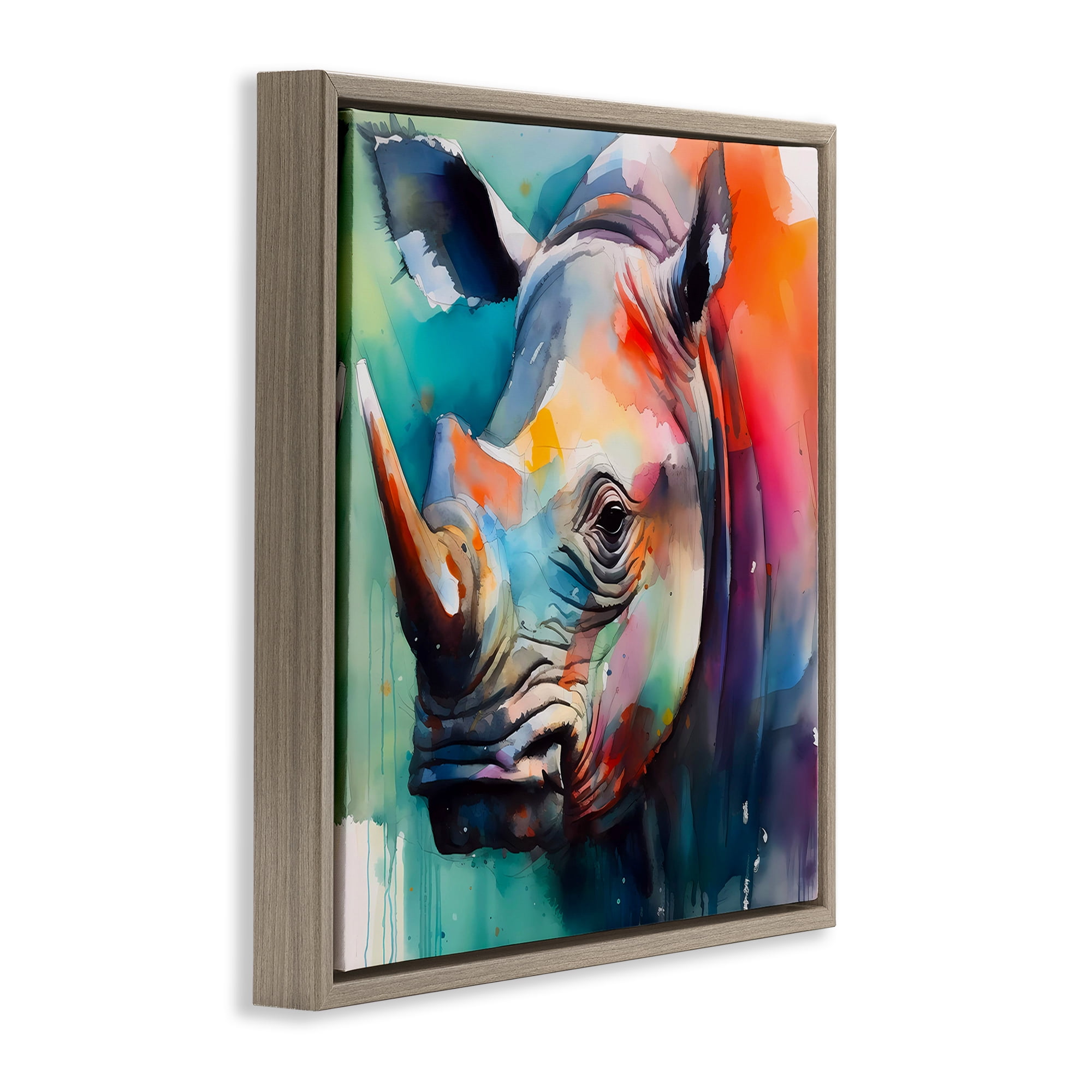 Stupell Industries Rhino with Modern Hues Animals & Insects Painting Brown Floater Framed Canvas Art Print Wall Art, 18 x 18