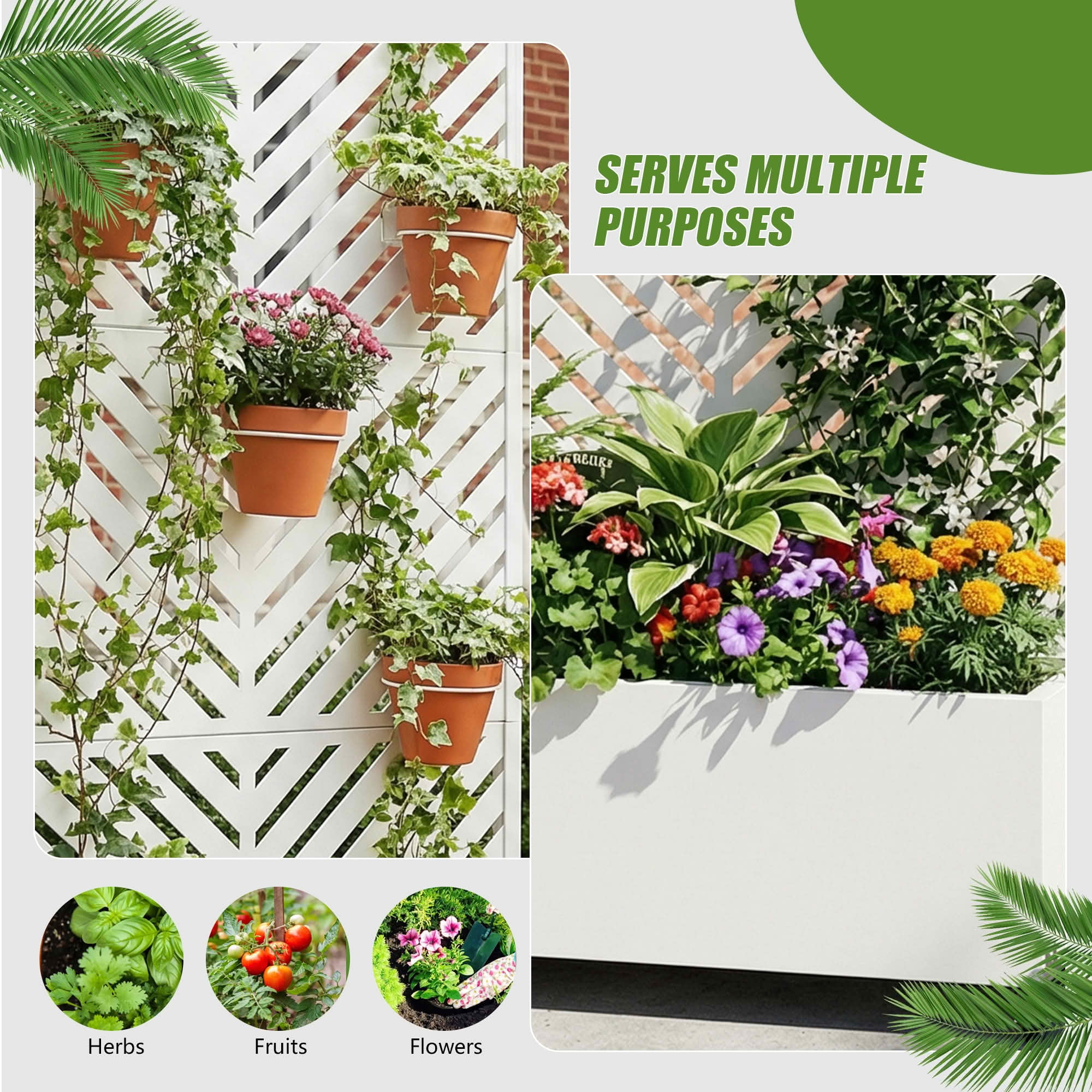 MAYEERTY 72X35" Metal Outdoor White Privacy Screen with Planter Box for Backyard & Garden, 3 Piece Set