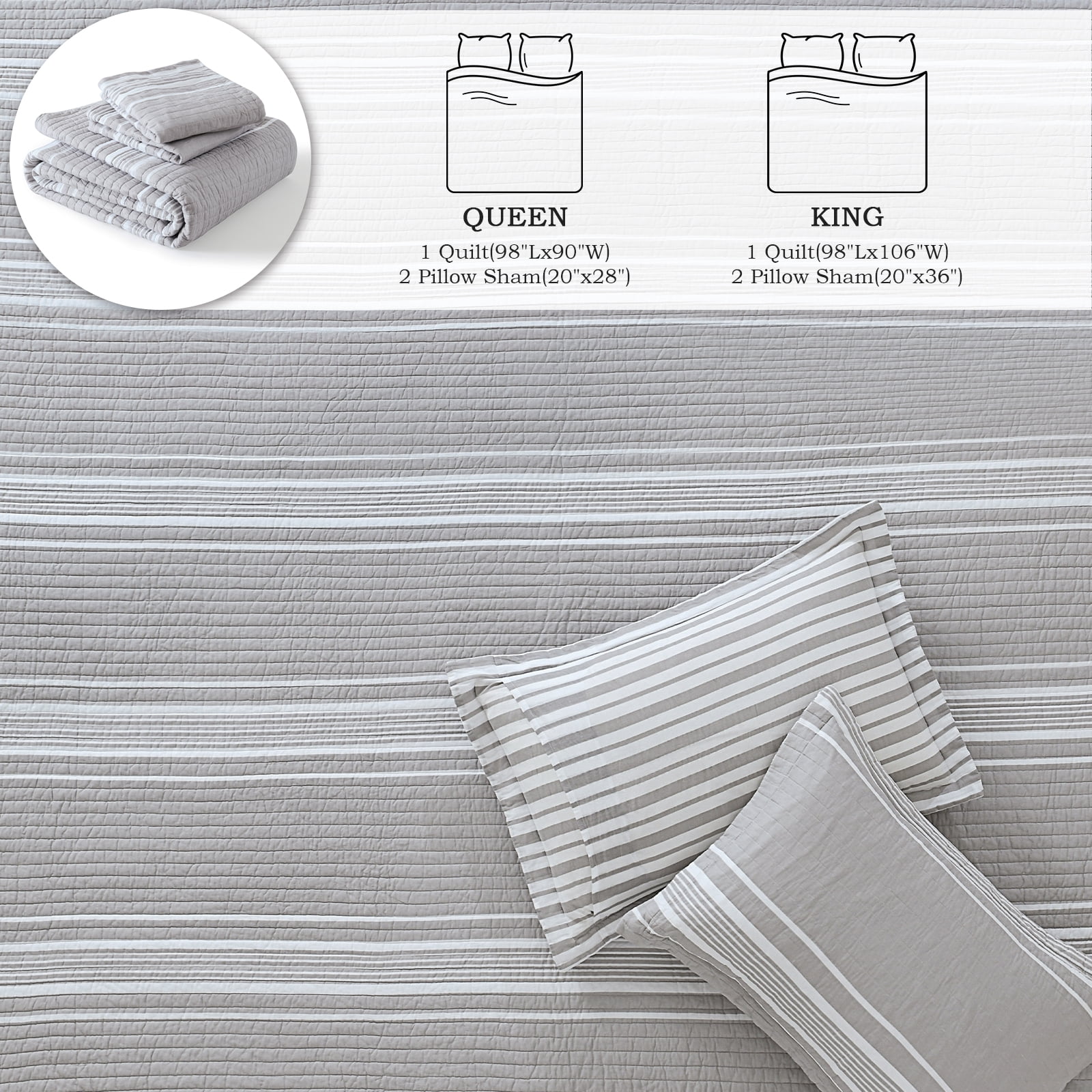 Y-PLWOMEN 100% Cotton Quilt Queen Size - Gray Quilt White Striped Lightweight Quilted Bedspread, Queen Comforter Set, Soft Bed Spread for Queen Bed with Pillow Shams
