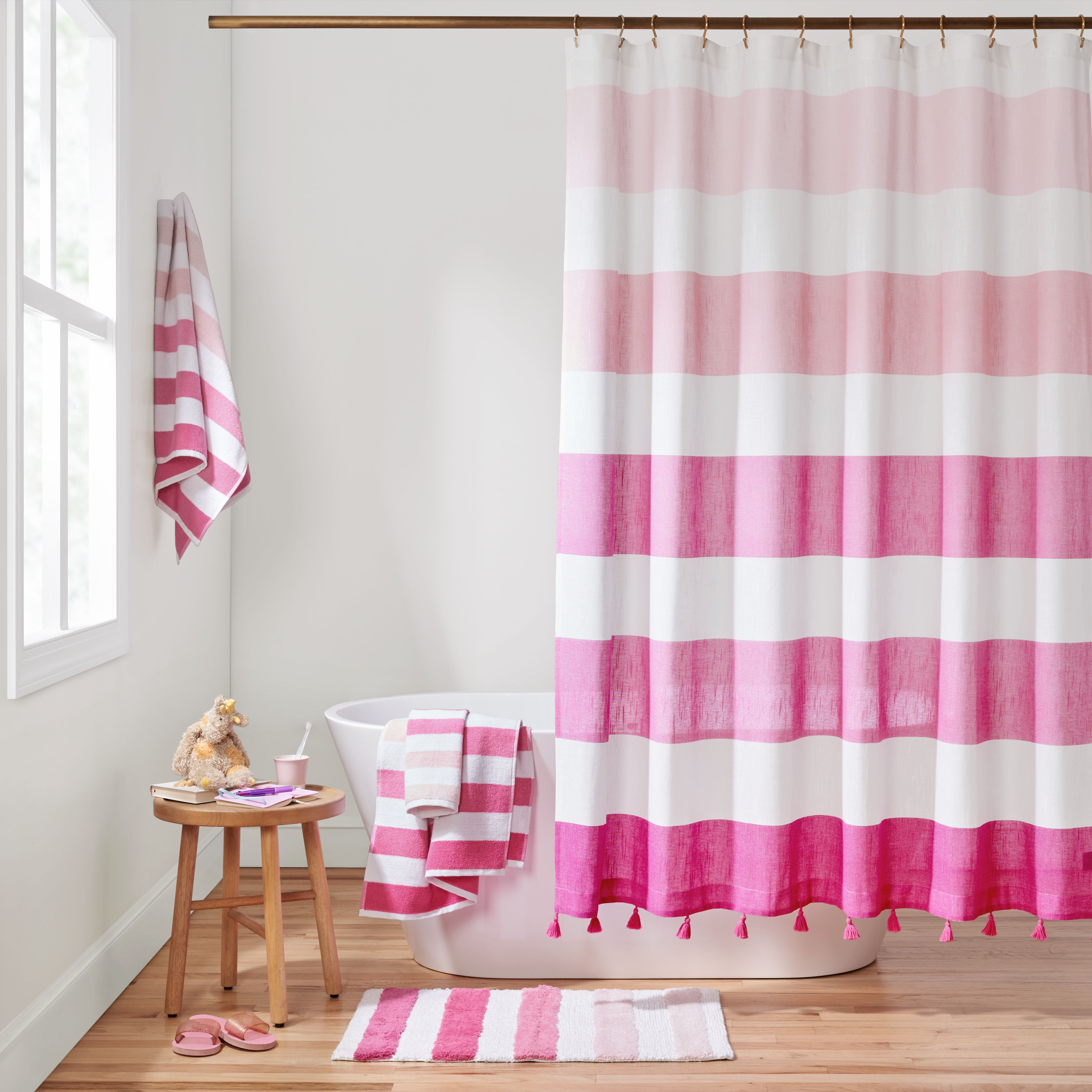 Gap Home Kids Ombre Stripe Organic Cotton Shower Curtain with Tassels, Pink, 72'x72'